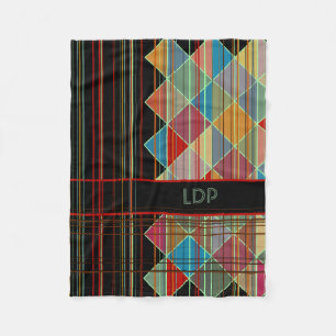 Striped Triangle Shapes with Initials on Black Fleece Blanket