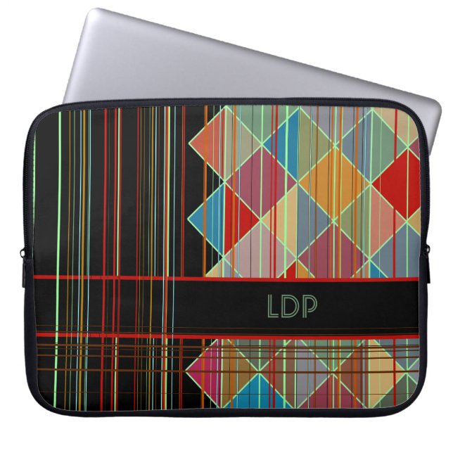 Striped Triangle Shapes with Initials on Black Laptop Sleeve (Front)