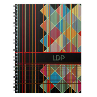 Striped Triangle Shapes with Initials on Black Spiral Notebook