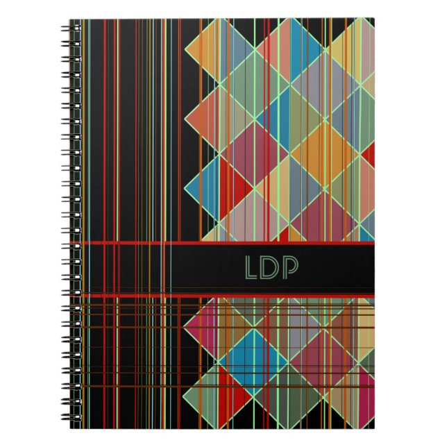 Striped Triangle Shapes with Initials on Black Spiral Notebook (Front)