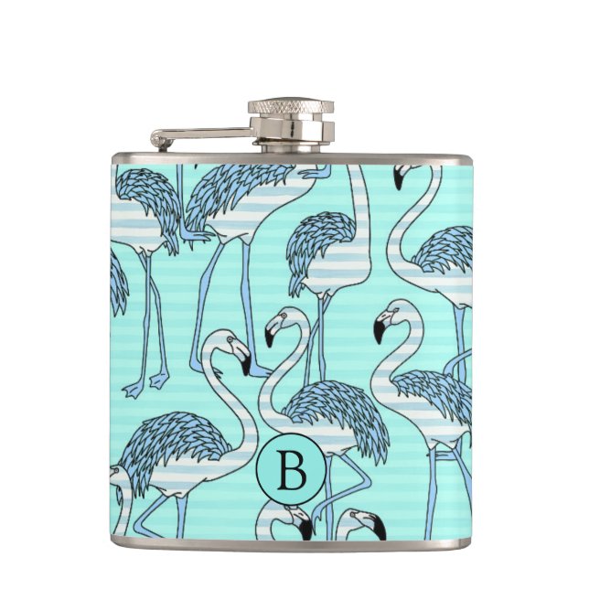 Striped Turquoise Flamingos Pattern Monogram Hip Flask (Front)