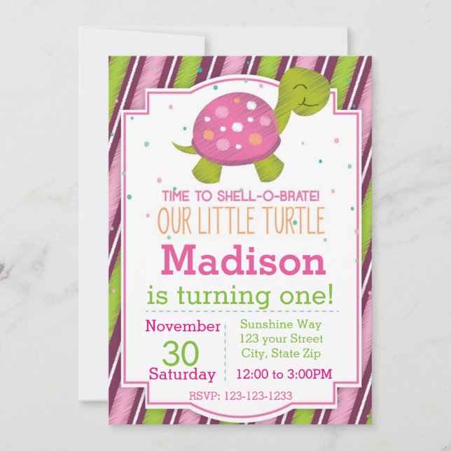 Striped Turtle Birthday Invitation (pink) (Front)