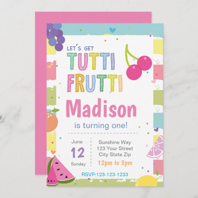 Striped Tutti Fruitti Birthday Invitation (Front/Back)