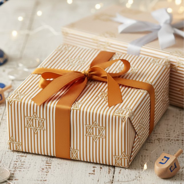 Striped Warm Amber Jewish Gold Star of David Wrapping Paper (Jewish Star of David Striped Warm Amber Orange & White Pattern for Hanukkah, Bar Mitzvah, Mazel Tov)