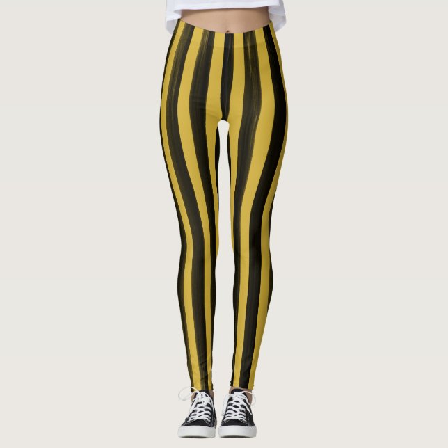 Striped Watercolor Black and Gold Halloween Leggin Leggings (Front)