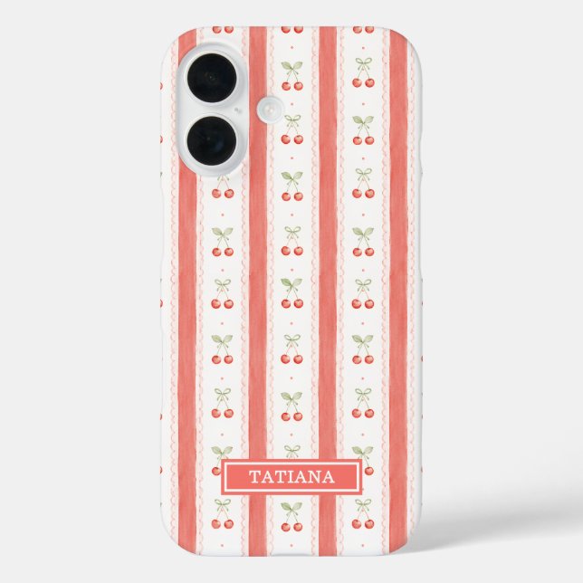 Striped Watercolor Cherries Monogrammed Case-Mate iPhone Case (Back)