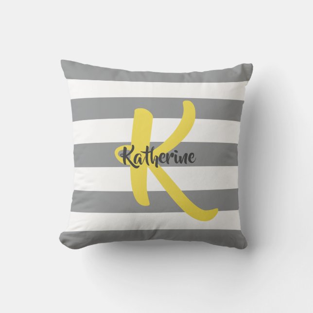 Striped White Grey and Yellow Personalised Cushion (Front)