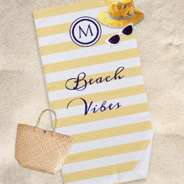 Striped Yellow and White Coastal Beach Vibes Towel
