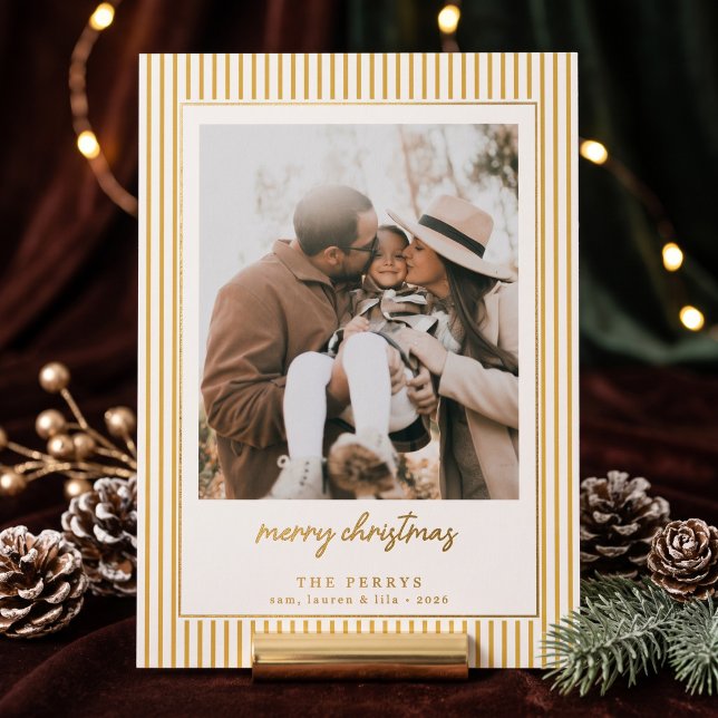 Striped Yellow Merry Christmas Photo (Simulated card on table)