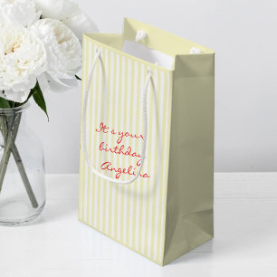 Striped Yellow Personalised Script Name Birthday Medium Gift Bag