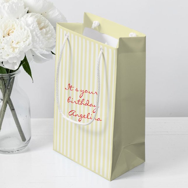 Striped Yellow Personalised Script Name Birthday Medium Gift Bag (Striped Yellow Personalized Script Name Birthday Medium Gift Bag)