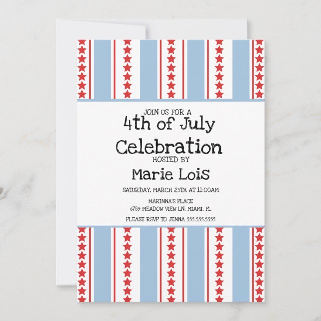 Stripes 4th of July Large Stars Red Blue Invitation (Front)