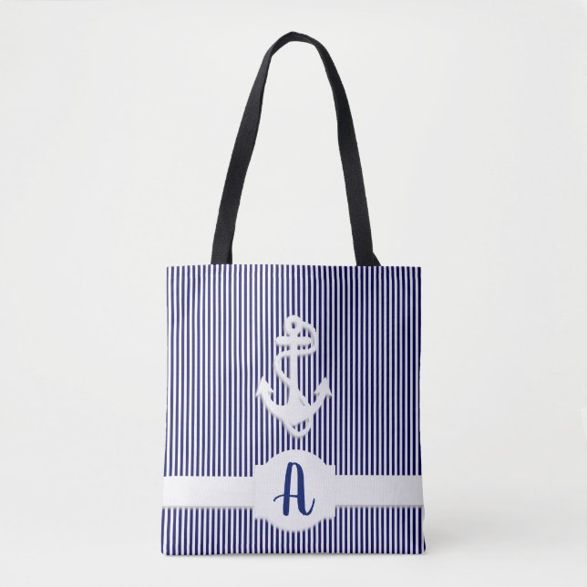 Stripes & Anchor Monogram Custom Tote Bag (Front)