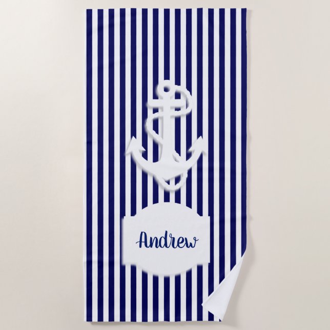 Stripes & Anchor Monogram or Name Custom Beach Towel (Front)