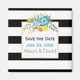 Stripes and blue flowers wedding Save the Date Magnet
