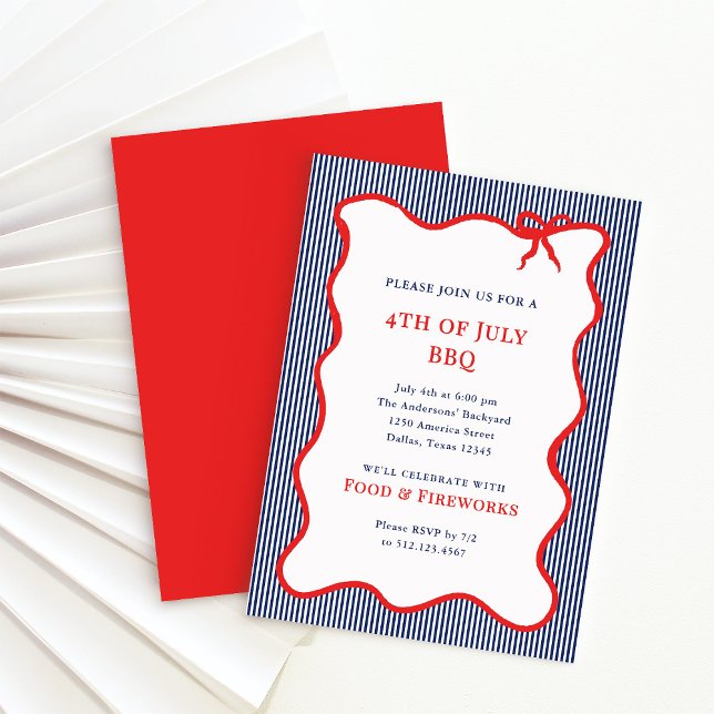 Stripes and Bow | Red White Blue 4th of July Party Invitation (Creator Uploaded)