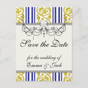 stripes and damask mustard yellow purple announcement postcard