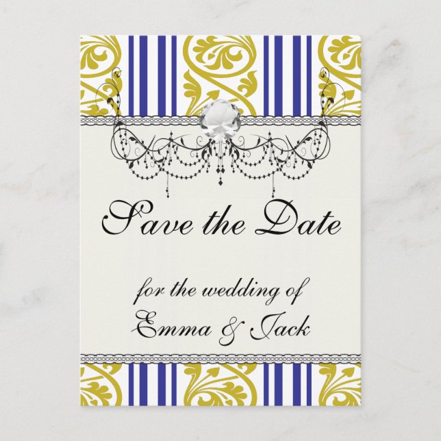 stripes and damask mustard yellow purple announcement postcard (Front)