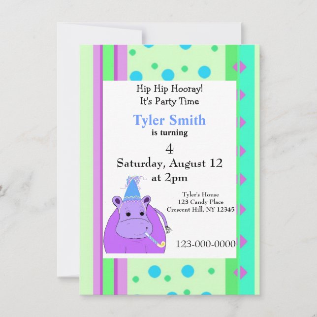 Stripes and Dots Hippo Birthday Invitation (Front)