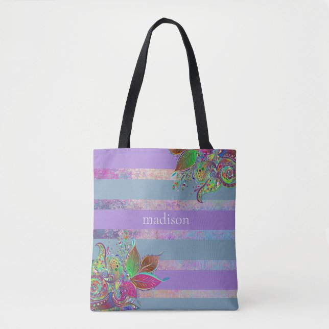 Stripes and Flowers Personalised Tote Bag (Front)
