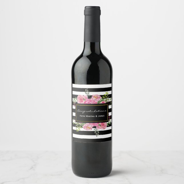 Stripes and Flowers Wedding Wine Label (Front)