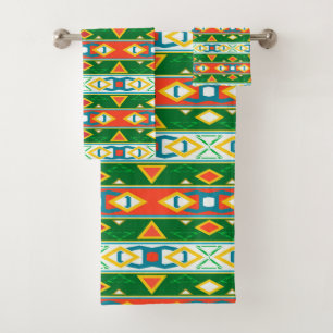 Stripes and geometric shapes green orange white  bath towel set