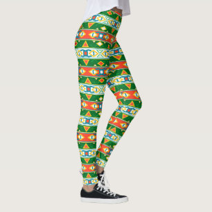 Stripes and geometric shapes green orange white leggings