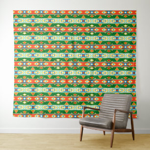 Stripes and geometric shapes green orange white tapestry