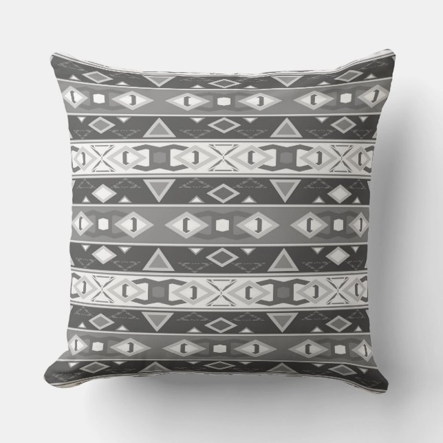 Stripes and geometric shapes grey white cushion (Front)
