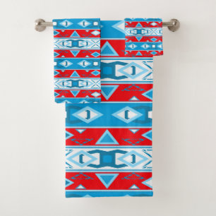 Stripes and geometric shapes of red blue white bath towel set