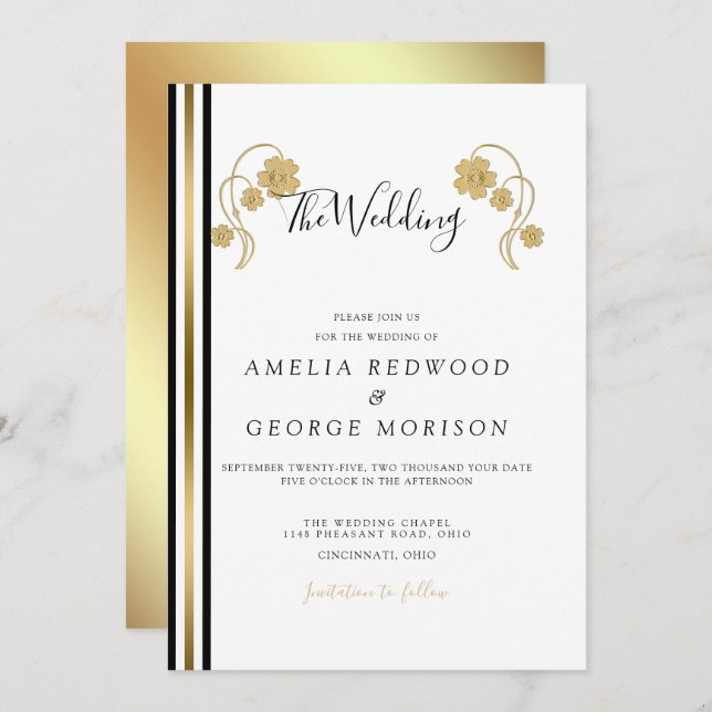 Stripes And Gold Flowers Wedding Invitation (Front/Back)