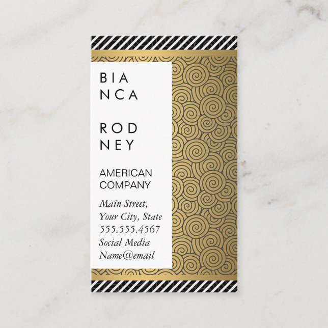 Stripes and Gold Metallic Layers Swirl Patterns Business Card (Front)
