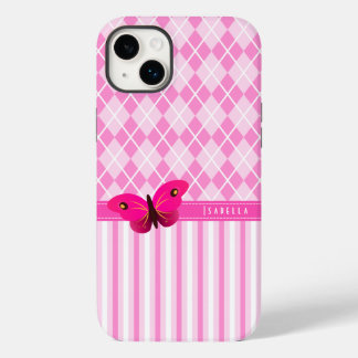 Stripes and Pink Argyle Pattern Butterfly Durable Case-Mate iPhone 14 Plus Case