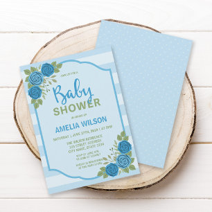 Stripes and Roses Blue Boy Baby Shower Invitation