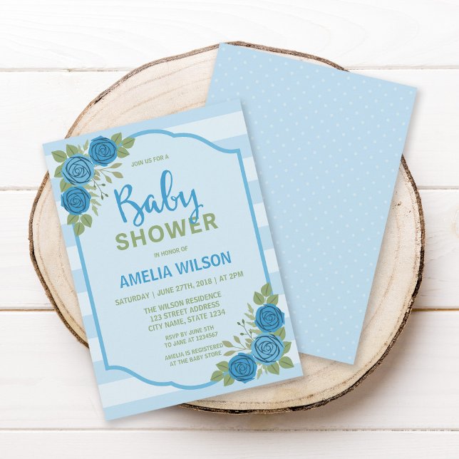 Stripes and Roses Blue Boy Baby Shower Invitation (Creator Uploaded)