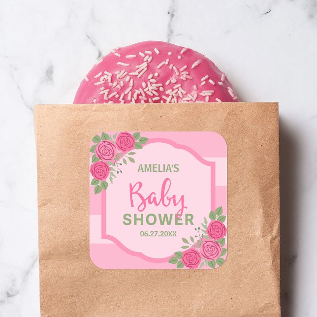 Stripes and Roses Pink Girl Baby Shower Square Sticker (Creator Uploaded)