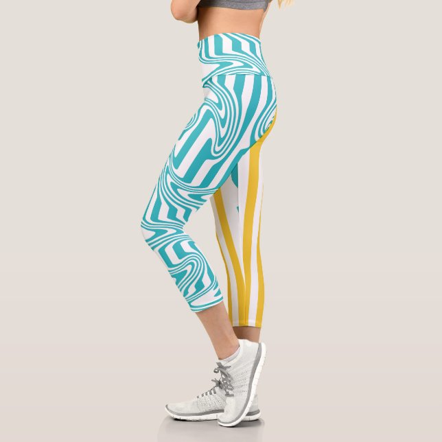 Stripes and Swirls in Turquoise and Yellow Capri Leggings (Left)