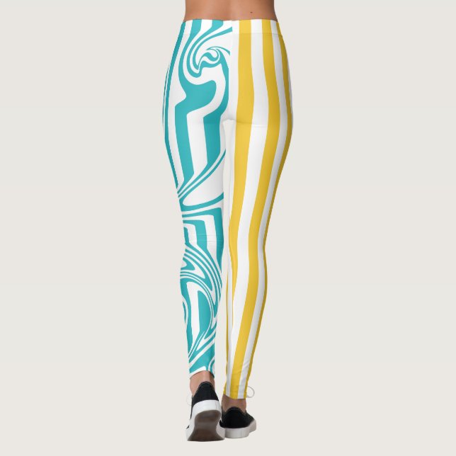 Stripes and Swirls in Turquoise and Yellow Leggings (Back)