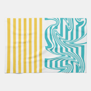 Stripes and Swirls in Turquoise and Yellow Tea Towel