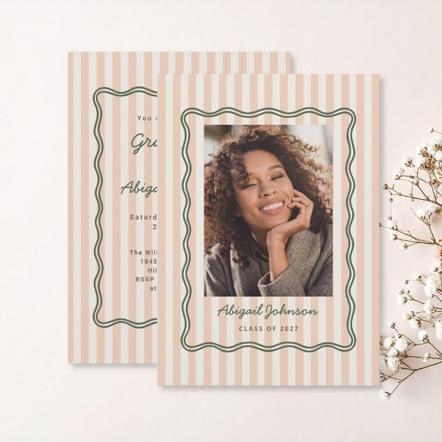 Stripes and Wavy Frame Graduation Card with Photo (Striped and Wavy frame graduate card announcement with invitation and photo with earthy colors )