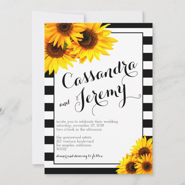 Stripes and Yellow Sunflowers Wedding Invitation (Front)