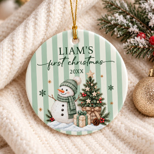 Stripes Baby's First Christmas As Cute Snowman Ceramic Tree Decoration