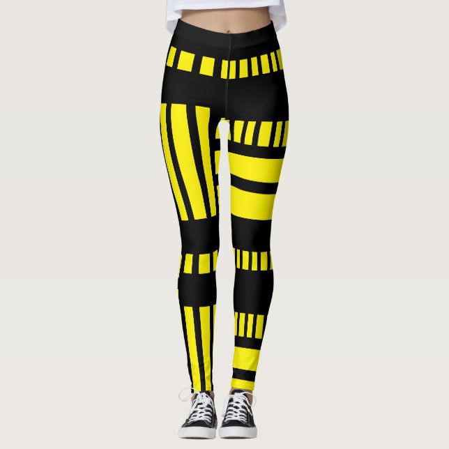Stripes.Black White 01 B Yellow BG Leggings (Front)