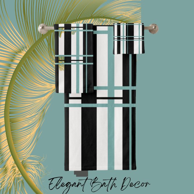 Stripes Black White, Teal Bath Towel Set (Creator Uploaded)