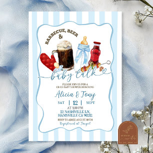 Stripes Blue BBQ Diapers and Brews Boy Baby Shower Invitation