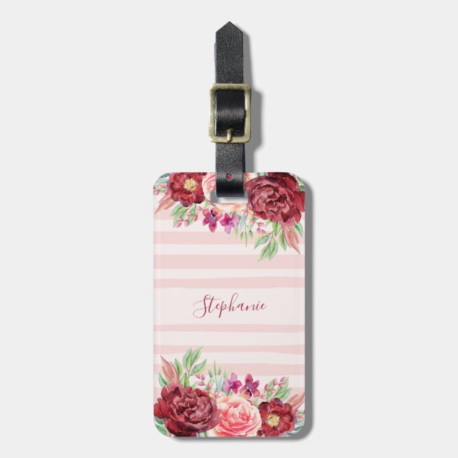 Stripes Burgundy Blush Floral Monogram Luggage Tag (Front Vertical)