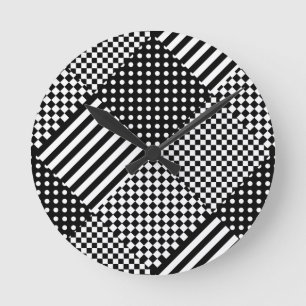 Stripes Check Harlequin Polka Dots Mixed Design Round Clock
