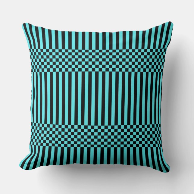 Stripes&Chequered Black and Turquoise Throw Pillow (Front)