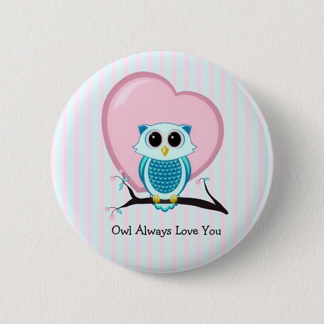 Stripes Cute Owl & Heart Template Button (Front)