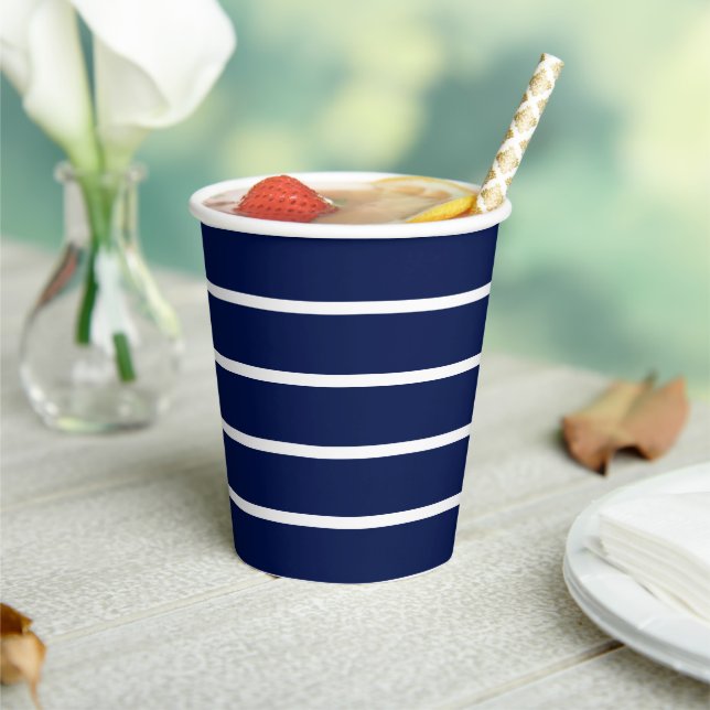 Stripes dark navy blue white pattern paper cups (Insitu)